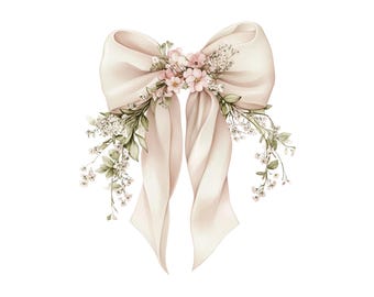 Watercolor Floral Ribbon Bow Clipart: Pink Coquette PNG (Digital Download)