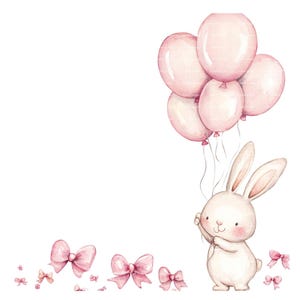 Babymeisje uitnodiging konijntje boog ballon clipart grens babyshower verjaardag aquarel frame PNG roze digitale download kaart ongewenste dagboek