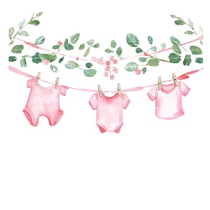 Faire-part de bébé fille vêtements Clipart verdure bordure Baby Shower anniversaire cadre aquarelle PNG rose carte de téléchargement numérique Junk Journal