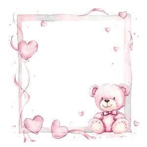 Roze teddybeer clipart grens babymeisje uitnodiging babyshower verjaardag aquarel frame PNG digitale download kaart ongewenste dagboek