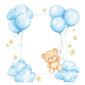 Baby Boy Invitation Teddy Bear Clipart Border Baby Shower Birthday Watercolor Balloon Frame PNG Blue Digital Download Card Junk Journal