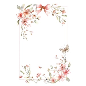 Op de afbeelding: Waterverf bloemenontwerp met roze bloemen, groene bladeren en een perzikkleurige strik. Een lichtroze rechthoekig frame omringt het bloemstuk, met een vlinderaccent. Het ontwerp staat op een witte achtergrond.