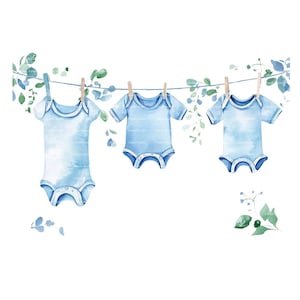 Baby Boy Invitation Clothing Clipart Greenery Border Baby Shower Birthday Watercolor Frame PNG Blue Digital Download Card Junk Journal