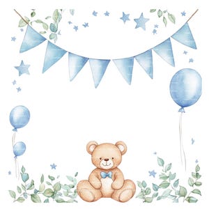 Baby Boy Invitation Teddy Bear Clipart Border Baby Shower Birthday Watercolor Balloon Frame PNG Blue Digital Download Card Junk Journal