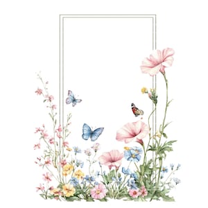 Wildblumen Schmetterling Rahmen Clipart Rahmen PNG für Einladung Dankeskarte Printable Aquarell Clipart Digital Download Junk Journal