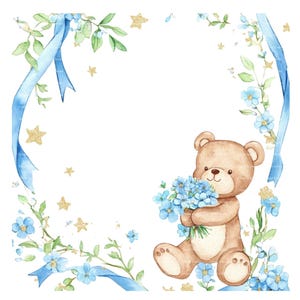 Baby Boy Invitation Teddy Bear Clipart Border Baby Shower Birthday Watercolor Frame PNG Blue Digital Download Card Junk Journal