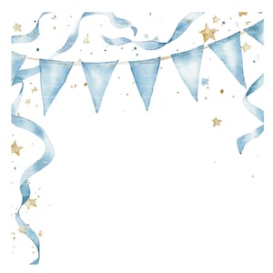 Invitation bébé garçon ruban bannière Clipart frontière Baby Shower anniversaire cadre aquarelle PNG bleu carte de téléchargement numérique Junk Journal