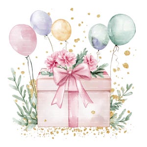 Clipart de regalo de cumpleaños, globo, clavel, mes de nacimiento de enero, flor rosa, PNG para invitación, tarjeta de agradecimiento, descarga digital, diario basura