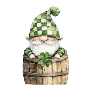 St Patricks Day Gnome Watercolor Clipart: Green Clover PNG (Digital Download)