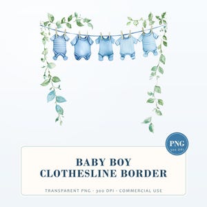 Baby Boy Clothesline Clipart: Watercolor Greenery Border (PNG Digital Download)