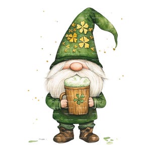 St Patricks Day Gnome Watercolor Clipart PNG Cute Green Clover St Pattys Day Instant Digital Download Gift Junk Journal Stickers