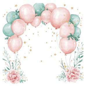 Arco de cumpleaños Mes de nacimiento Clipart Clavel Globo Enero Flor de nacimiento para invitación Tarjeta de agradecimiento Descarga digital Diario basura