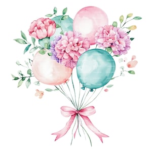 Globo de cumpleaños Coquette Clipart Clavel Mes de nacimiento de enero Flor para invitación Tarjeta de agradecimiento Descarga digital Diario basura
