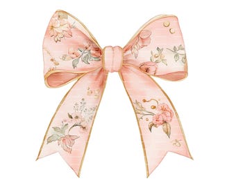 Pink Floral Coquette Ribbon Bow Watercolor Clipart (Digital Download)