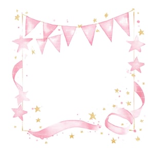 Convite para bebê menina Faixa de fita rosa Clipart Borda Chá de bebê Aniversário Moldura aquarela PNG Download digital Cartão Junk Journal