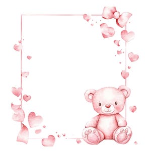 Bordure de clipart ours en peluche rose Invitation bébé fille Shower de bébé anniversaire cadre aquarelle PNG en téléchargement numérique carte Journal indésirable