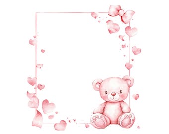 Teddy Bear Baby Girl Shower Frame PNG JPEG Clipart Watercolor Frame ...