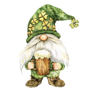 St Patricks Day Gnome Watercolor Clipart: Green Clover PNG (Digital Download)