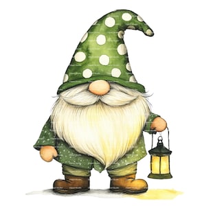 St Patricks Day Gnome Watercolor Clipart: Green Clover PNG (Digital Download)