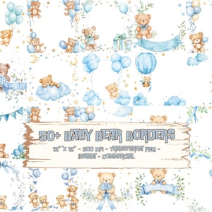 Más de 50 imágenes prediseñadas de invitación para baby shower de niño, osito de peluche, bordes, marcos de cumpleaños, acuarela, paquete PNG, descarga digital instantánea, regalo, diario basura