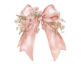 Watercolor Pink Ribbon Bow Clipart: Floral Coquette PNG (Digital Download)
