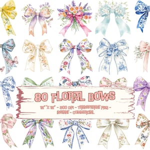 80 Kokette Bogen Aquarell Clipart PNG Bundle | Band Bögen mit Blumen, Chinoiserie Instant Digital Download Hochzeit, Geschenk, Junk Journal