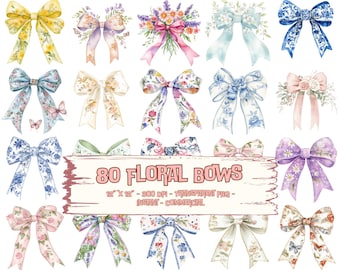 80 Watercolor Bow Clipart: Floral Ribbon PNG Bundle (Digital Download)