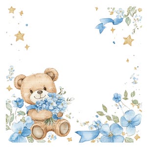Invitation bébé garçon ours en peluche bordure Clipart Baby Shower anniversaire cadre aquarelle PNG bleu carte de téléchargement numérique Junk Journal