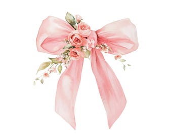 Pink Floral Ribbon Bow Clipart: Watercolor Coquette PNG (Digital Download)