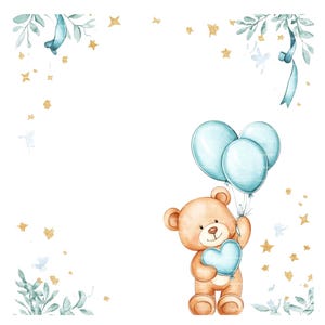 Baby Boy Einladung Teddybär Clipart Bordüre Baby Shower Geburtstag Aquarell Ballon Rahmen PNG Blau Digital Download Karte Junk Journal