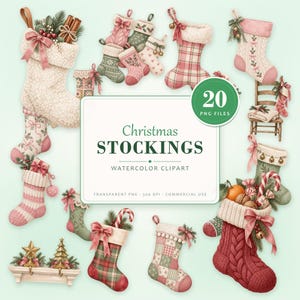 Julstrumpa Clipart Bundle, Akvarell Stickade Strumpor PNG, Fair Isle Tartan Patchwork Sammetsstrumpa Grafik, Kommersiellt Bruk