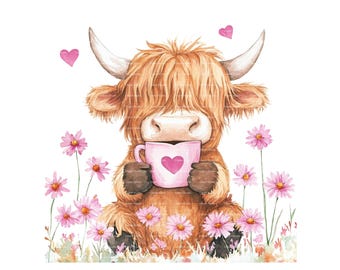 Highland Cow Valentine Clipart: Pink Wildflowers, Mug (PNG Digital Download)