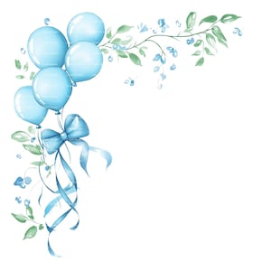 Baby Boy Invitation Balloon Frame Clipart Border Greenery Baby Shower Birthday Watercolor Frame PNG Blue Digital Download Card Junk Journal