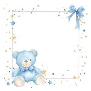 Baby Boy Invitation Teddy Bear Bow Clipart Border Baby Shower Birthday Watercolor Frame PNG Blue Digital Download Card Junk Journal