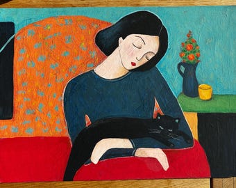 Oryginalny obraz „Dziewczynka z kotem” – Przytulna sztuka domowa – 42x30x0,2 cm – Akrylowa gwaszowa kredka kolorowa – Prezent dla miłośnika kotów