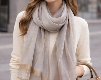Gold Thread Striped Organza Faux Shawl Scarf for Women – Warm Elegant Wrap, Chic Decorative Accessory