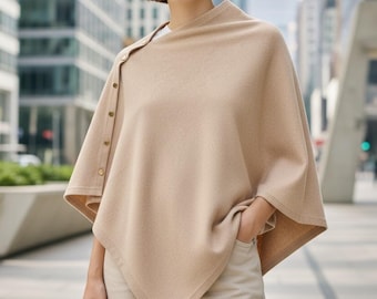 Button Fine Knit Poncho Shawl – Women’s Loose Cape Sweater Wrap for Fall Winter
