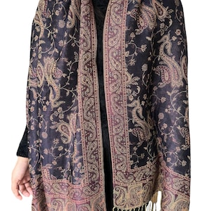 Chal étnico vintage con borlas, bufanda de cachemira jacquard, pashmina estilo bohemio, elegante chal de invierno, chal con flecos para mujer.
