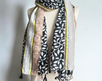 Black Leaf Printed Cotton Scarf – Lightweight, Soft & Stylish Wrap, Boho Chic, Nature-Inspired Gift for Women