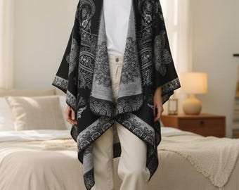 Women’s Winter Poncho Cape – Oversized Printed Shawl Wrap, Open-Front Cardigan, Cozy Blanket Scarf Coat