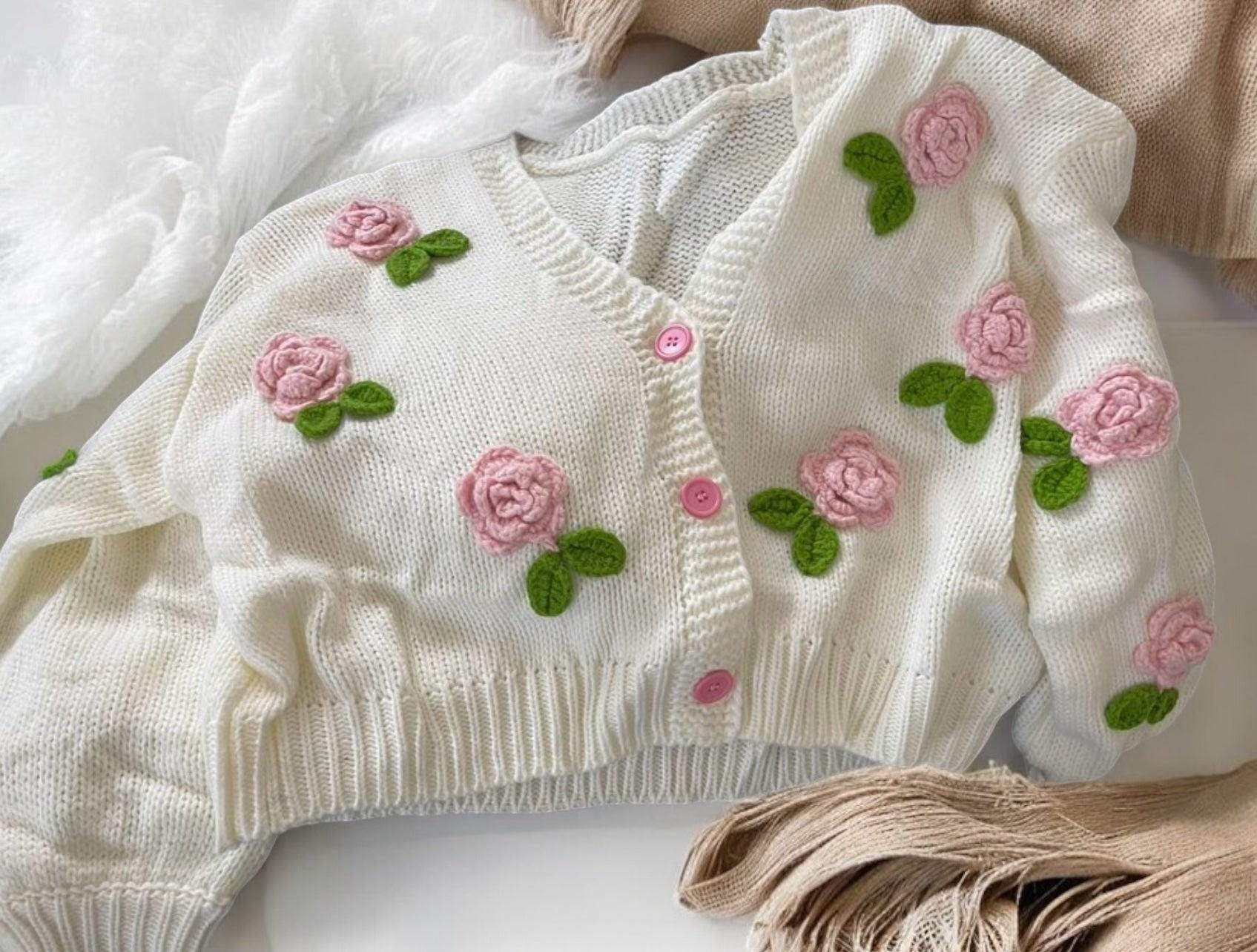 トップス Rose flower motif cardigan pink Pink Flower Sweater Cardigan | Girls' Fall Clothing