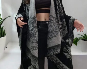 Women’s Printed Poncho Cape, Oversized Shawl Wrap, Open Front Cardigan, Blanket Scarf Coat, Warm Winter Layer