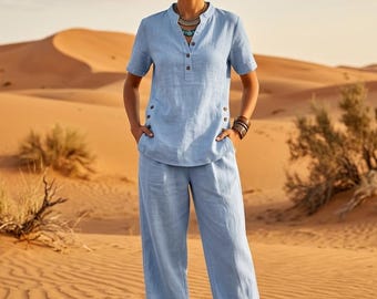 Linen Blend Two Piece Set for Women - Boho Wide Leg Trousers and Button Up Short Sleeve Tunic - Casual Summer Loungewear Co-ord