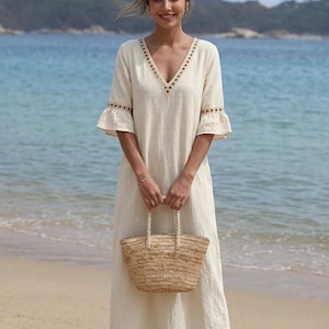 Linen Blend Boho Maxi Dress, V-Neck Summer Kaftan with Ruffle Sleeve, Breathable Beach Cover Up, Lightweight Long Dress for Women