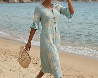 Printed Floral Beach Dress, Boho Linen Style V-Neck Midi, Summer Resort Wear, Botanical Print Sundress with Ruffle Sleeves