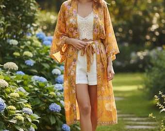 Boho Floral Kimono Cardigan for Women, Lightweight Spring Summer Beach Cover Up, Floral Print Long Robe with Belt, Tropical Garden Style
