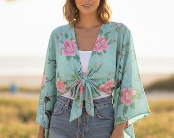 Floral Print Tie-Front Kimono Cardigan - Lightweight Boho Summer Cover Up - Tropical Chiffon Blouse for Beach or Casual Wear