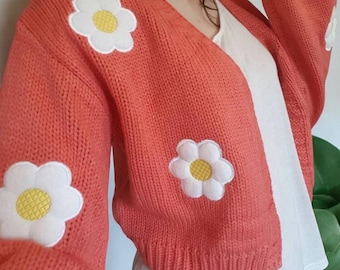 Colorful V-Neck Cardigan - Cute Crochet Embroidered Knit Coat with Floral Design, Vintage-Style Cropped Sweater