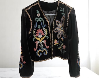 Vintage Embroidered Velvet Jacket – Boho Folk Floral Blazer with Colorful Threadwork | Festival Statement Outerwear for Women