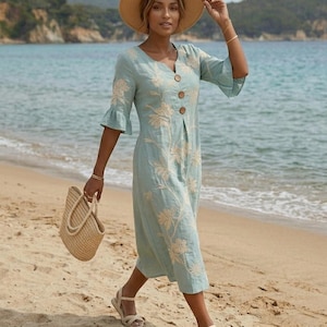 Embroidered Floral Beach Dress, Boho Linen Style V-Neck Midi, Summer Resort Wear, Botanical Print Sundress with Ruffle Sleeves